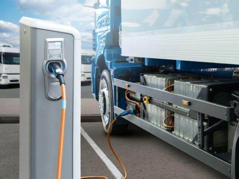 AI-generated image of an electric truck charging at a station, representing eco-friendly road transport