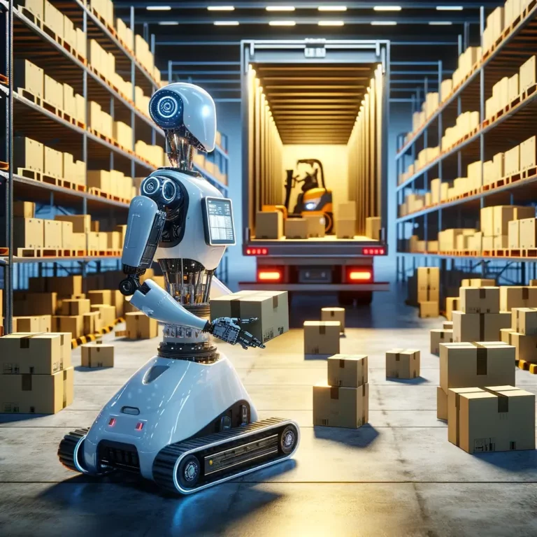 AI-generated image of a robot in a warehouse loading goods onto a truck, symbolizing automation