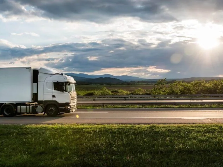 White truck driving on a road through lush green nature, representing the future of road transport