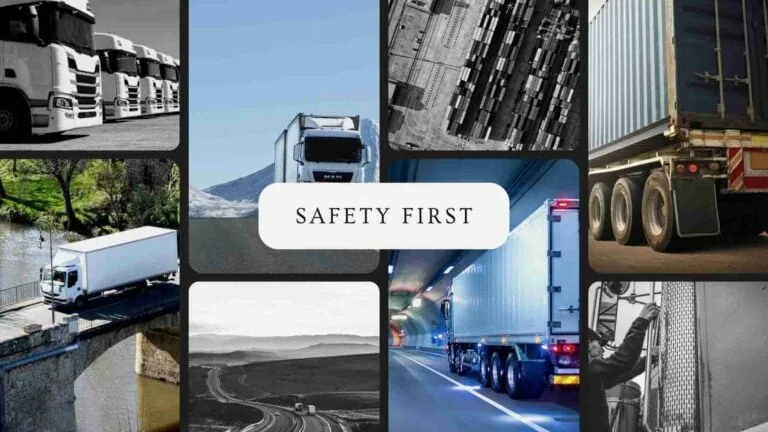 Collage of trucks with 'Safety First' text overlay, highlighting safety in road transport
