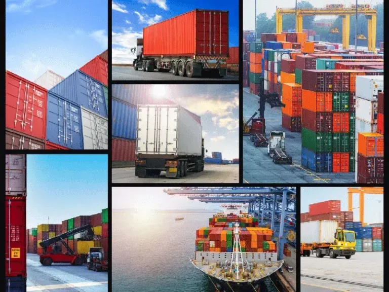 Collage of cargo containers at ports, on ships, and on trucks, showing global cargo transport